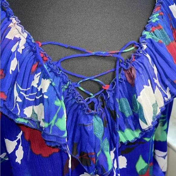 George Blue Floral Sheer Ruffled Blouse Deep V Neck , Size Medium - Picture 2 of 6